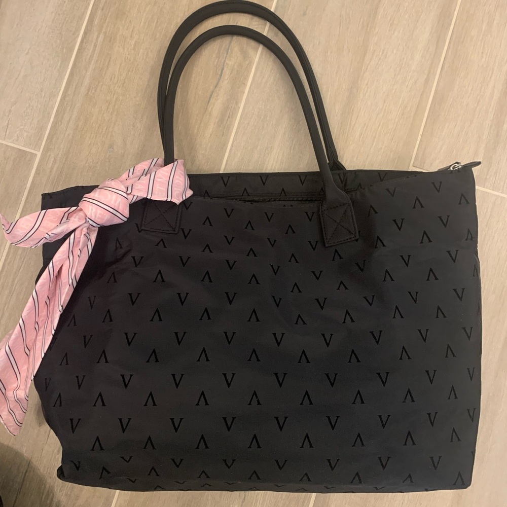 Victoria's Secret Black Tote with Pink Scarf Accent